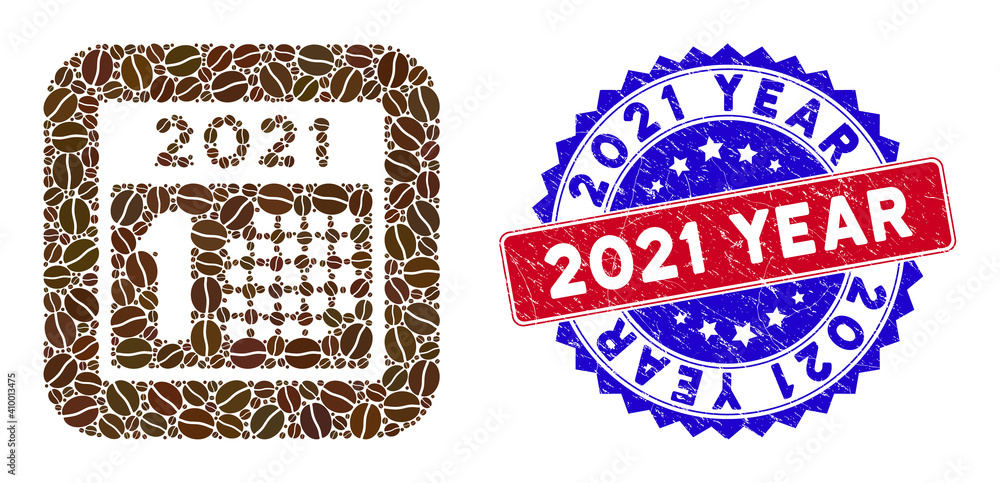 Poster vector mosaic 2021 year first day and grunge bicolor 2021 year stamp. mosaic 2021 year first day con