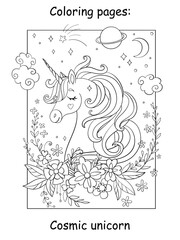 Fototapeta premium Beauty cosmic unicorn with flowers and stars coloring vector