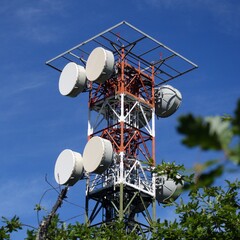 Telecommunication tower in the middle of the vegetation of the trees. Telecom tower antennas and...