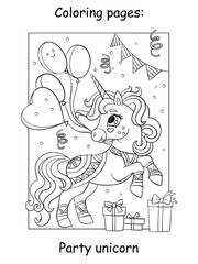 Cute party unicorn with balloons coloring vector
