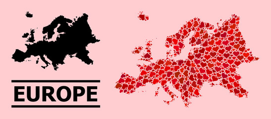 Love mosaic and solid map of Europe on a pink background. Mosaic map of Europe is composed with red valentine hearts. Vector flat illustration for love concept illustrations.