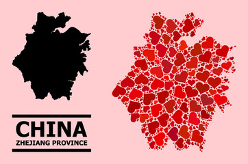 Love collage and solid map of Zhejiang Province on a pink background. Collage map of Zhejiang Province is formed with red lovely hearts. Vector flat illustration for love abstract illustrations.