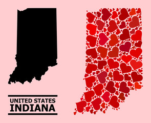 Love pattern and solid map of Indiana State on a pink background. Collage map of Indiana State is composed with red love hearts. Vector flat illustration for love abstract illustrations.