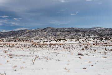 Rolling mountain range covered in snow along open range with clear sky in rural New Mexico