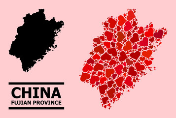 Love pattern and solid map of Fujian Province on a pink background. Collage map of Fujian Province is created with red lovely hearts. Vector flat illustration for love concept illustrations.