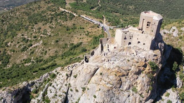 Panoramic view of castle Chateau de Queribus. Aude department. Languedoc-Roussillon region. France