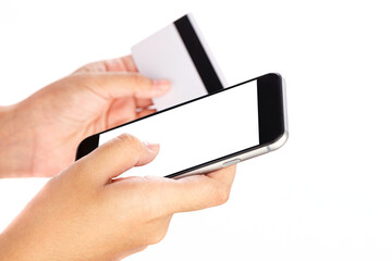 Woman hands holding mobile phone and credit card isolated on white background