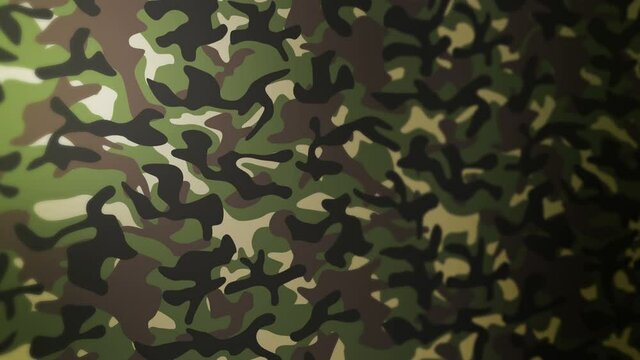 Green camouflage pattern background. Military uniform concept. Abstract line and wave texture. Loop animation.