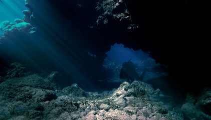 Underwater scenery with sunlight and sunbeams