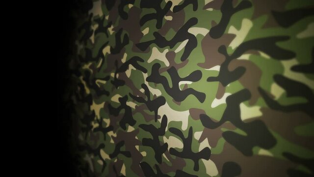 Green camouflage pattern background. Military uniform concept. Abstract line and wave texture. Loop animation.
