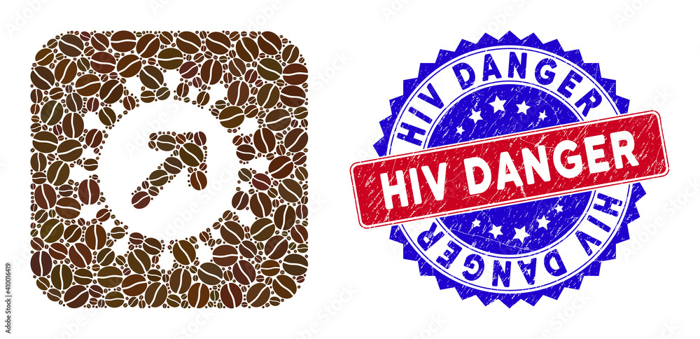 Poster vector mosaic virus vector and grunge bicolor hiv danger seal stamp. mosaic virus vector designed as
