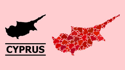 Love pattern and solid map of Cyprus Island on a pink background. Collage map of Cyprus Island formed with red love hearts. Vector flat illustration for marriage abstract illustrations.