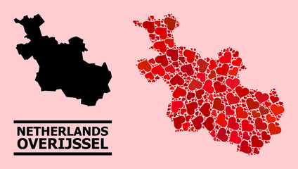 Obraz premium Love pattern and solid map of Overijssel Province on a pink background. Collage map of Overijssel Province created with red love hearts. Vector flat illustration for love concept illustrations.