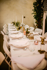 Long dinner party table setting 