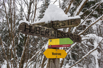 Signpost showing the directions of hiking trails in the snowy Grunwald forest
