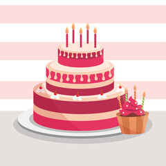 birthday cake and cupcake with candles decoration