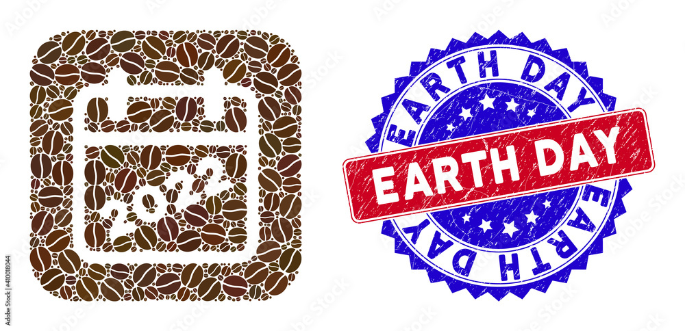Poster vector mosaic 2022 calendar page and grunge bicolor earth day seal stamp. mosaic 2022 calendar page 
