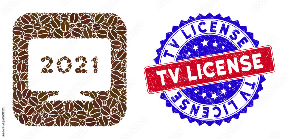 Poster vector mosaic 2021 display screen and grunge bicolor tv license stamp. mosaic 2021 display screen co