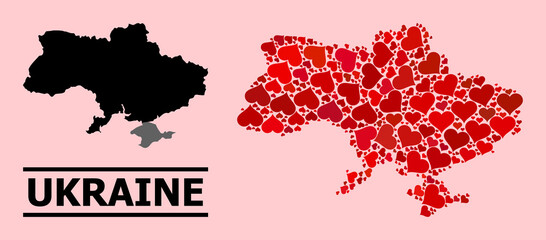 Obraz premium Love mosaic and solid map of Ukraine on a pink background. Mosaic map of Ukraine is designed from red lovely hearts. Vector flat illustration for marriage concept illustrations.