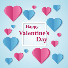 Illustration with pink and blue paper hearts for Valentine's Day on February 14 for design.