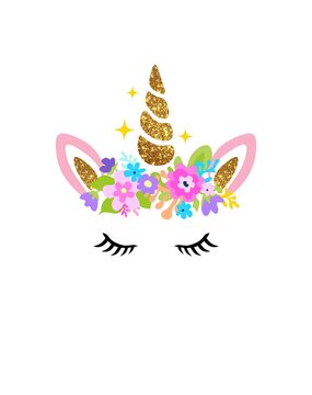 Cartoon pony unicorn head drawing illustration with glitter gold golden horn,ears and flowers wreath.Baby shower card decoration element.T shirt print design.Cute kawaii horse illustration for kids.Vi