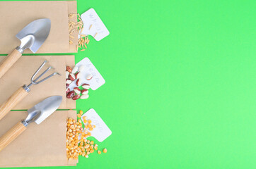 Vegetable seeds in kraft paper bags on bright background