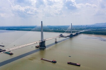 Aerial view of fifth Yangtze river bridge which is under construction in Nanjing City