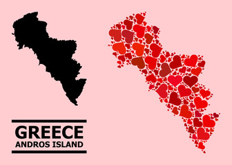 Love mosaic and solid map of Greece - Andros Island on a pink background. Mosaic map of Greece - Andros Island composed with red lovely hearts.