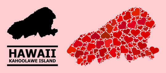 Love collage and solid map of Kahoolawe Island on a pink background. Collage map of Kahoolawe Island created with red love hearts. Vector flat illustration for love conceptual illustrations.