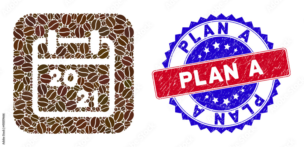 Poster vector collage 2021 calendar and grunge bicolor plan a seal stamp. mosaic 2021 calendar created as s