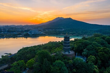 Sunrise over Xuanwu lake in Nanjing city in summer