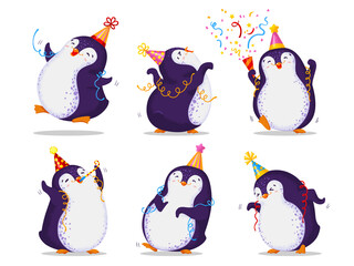Birthday greeting set of six cute penguins. Funny dancing birds in different hats, various poses. Vector cartoon illustration.