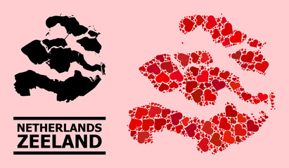 Love collage and solid map of Zeeland Province on a pink background. Collage map of Zeeland Province composed with red love hearts. Vector flat illustration for marriage concept illustrations.