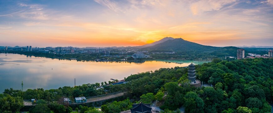 Sunrise over Xuanwu lake in Nanjing city in summer