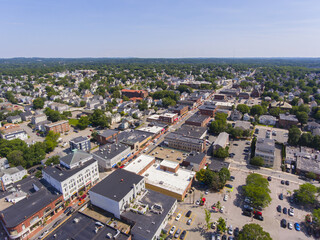 Waltham Moody Street aerial view in city of Waltham, Massachusetts MA, USA. Moody Street is the commercial center of Waltham. 