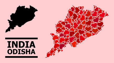 Obraz premium Love mosaic and solid map of Odisha State on a pink background. Mosaic map of Odisha State composed with red love hearts. Vector flat illustration for marriage conceptual illustrations.