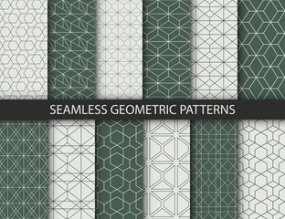 Geometric seamless patterns set. Vector abstract textures in green colors