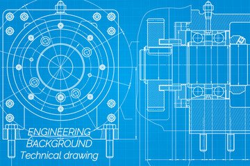 Mechanical engineering drawings on blue background. Milling machine spindle. Technical Design. Cover. Blueprint.