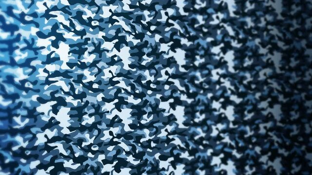 Blue camouflage pattern background. Military uniform concept. Abstract line and wave texture. Loop animation.