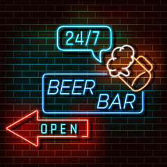 Obraz premium Beer bar neon light banner on a brick wall. Blue and orange sign. Decorative realistic retro element for web design
