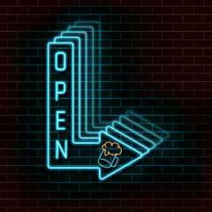 Neon blue arrow with the inscription open and a beer glass on a brick wall. Vector Illustration.