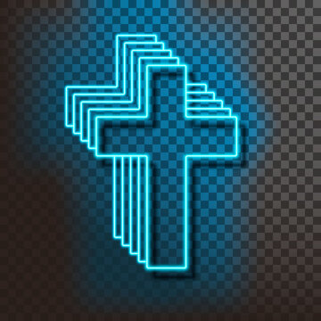 Neon blue christian cross on a transparent background. Decorative realistic retro element for web design.