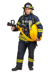 Full body young brave man in uniform and hardhat of firefighter holds firehose in hands and looking...