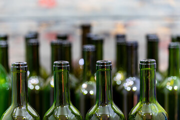 
Empty foreground bottles of colors and alcohol for decoration
