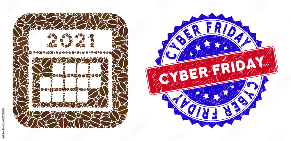 Poster vector mosaic 2021 calendar month table and grunge bicolor cyber friday seal. mosaic 2021 calendar m