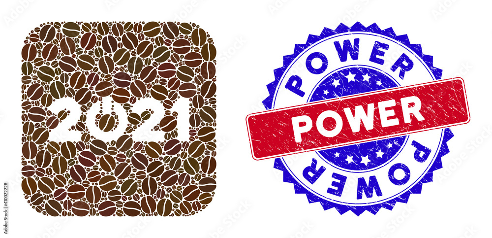 Poster vector mosaic start 2021 caption and grunge bicolor power stamp. mosaic start 2021 caption created a