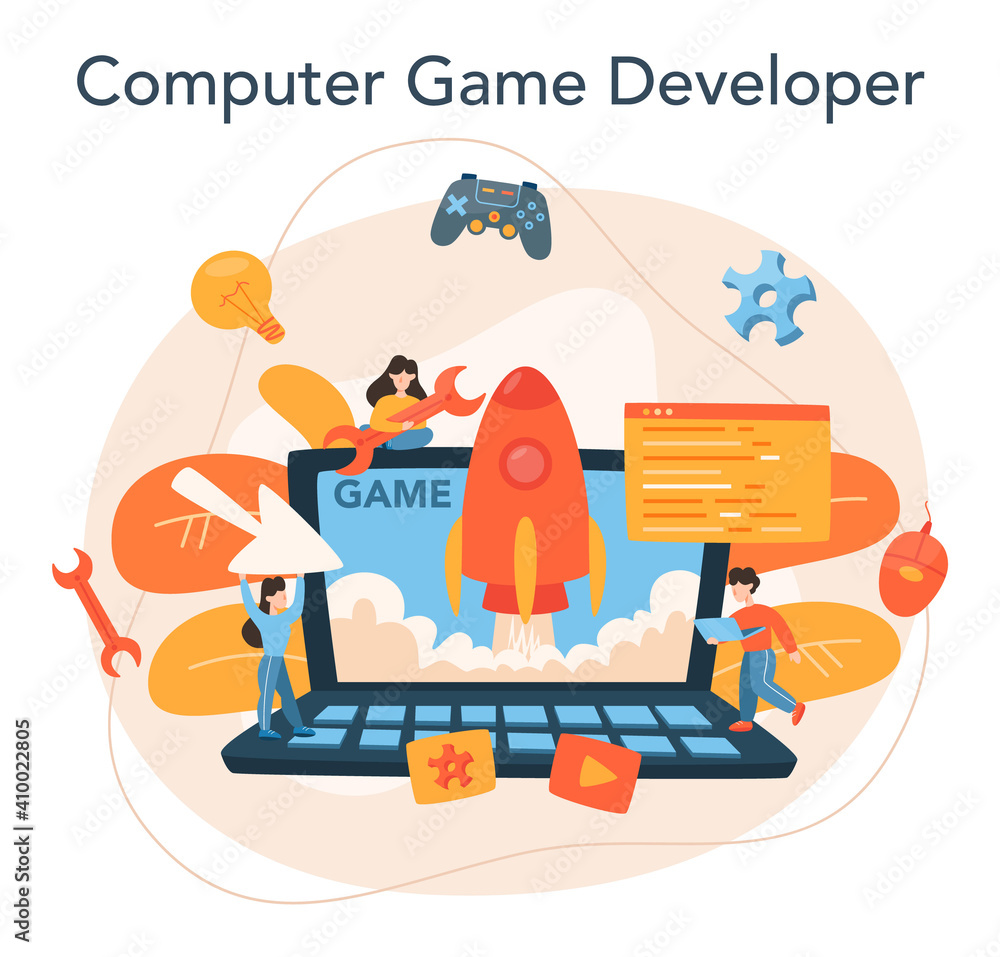 Poster game development concept. creative process of a computer video game