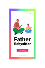 young father teaching little son to play guitar parenting fatherhood concept dad spending time with his kid full length vertical copy space vector illustration