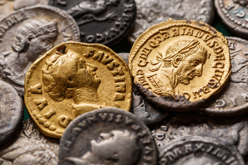 A treasure of Roman gold and silver coins.Trajan Decius. AD 249-251. AV Aureus.Ancient coin of the...