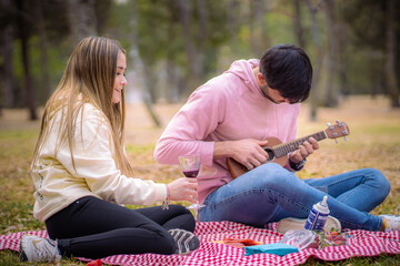 men playing guitar at a picnic